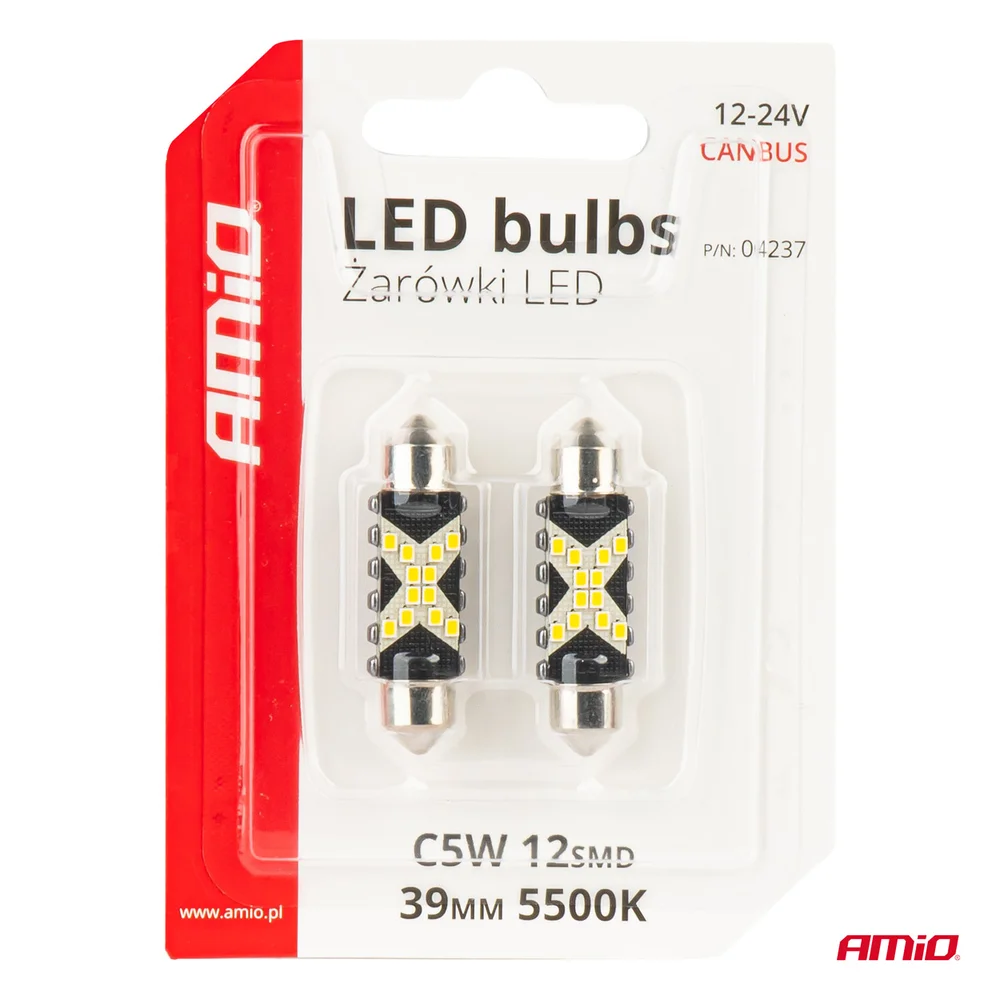 LED žárovky CANBUS 12SMD Festoon C5W 2016 39mm White 12/24V AMiO-04237 - Obrázek 5
