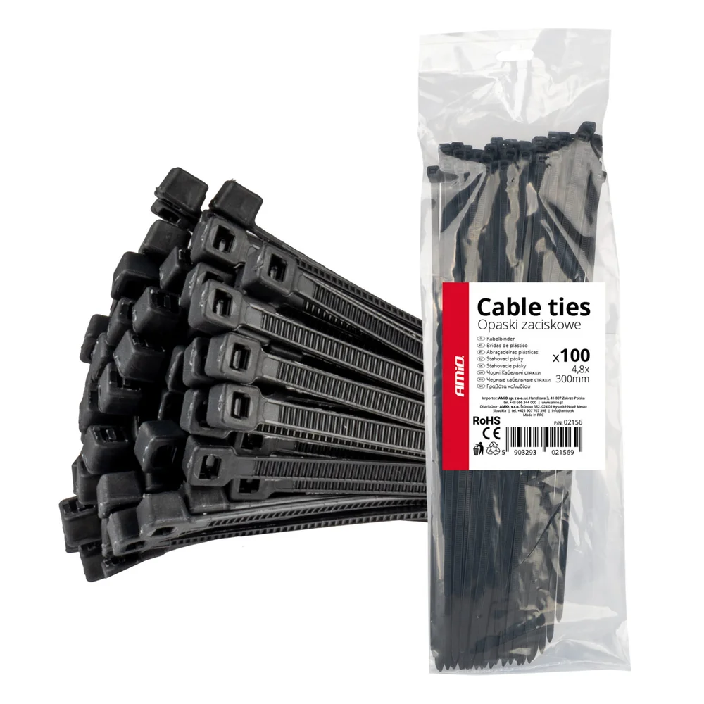 Stahovací pásky černé 4,8x300mm – 100 ks AMIO 02156 Stahovací pásky černé 4,8x300mm – 100 ks AMIO 02156
