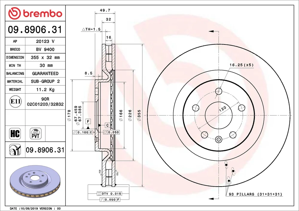 Brzdový kotouč BREMBO 09.8906.31